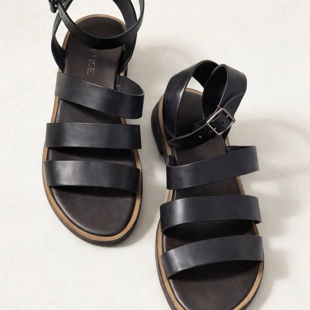Vince Macey Black Leather Strappy Sandals Women’s Shoes Size 7 / EU 37